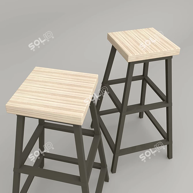 Rustic Wooden Metal Leg Stool 3D model image 3