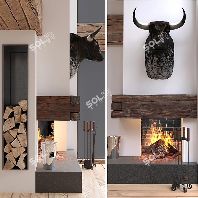 Rustic Corner Fireplace Set 3D model image 1