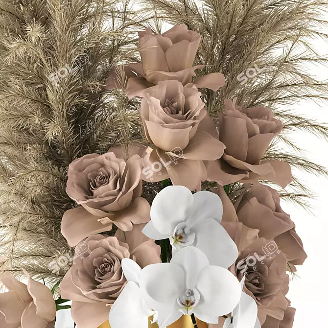Elegant Brass Vases with Pale Roses 3D model image 2