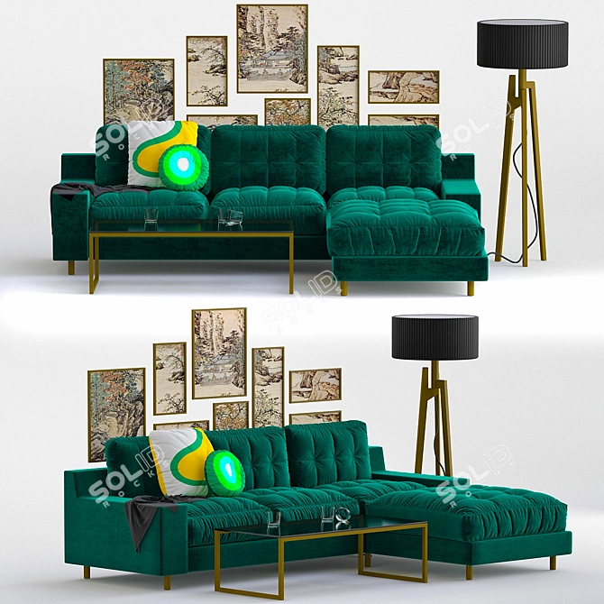 Enchanting Emerald Green Velvet Chaise 3D model image 1