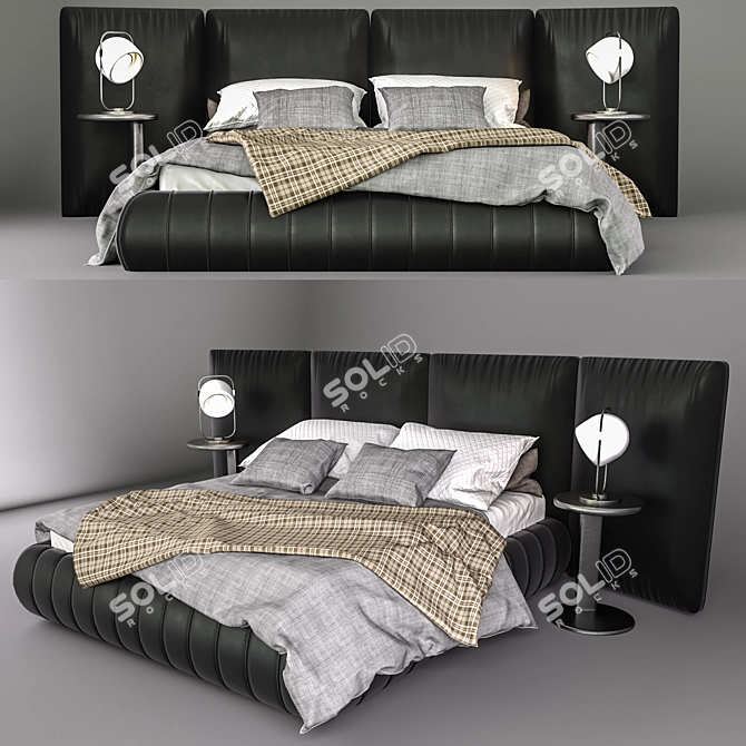 Luxury Black Leather Bed 3D model image 1