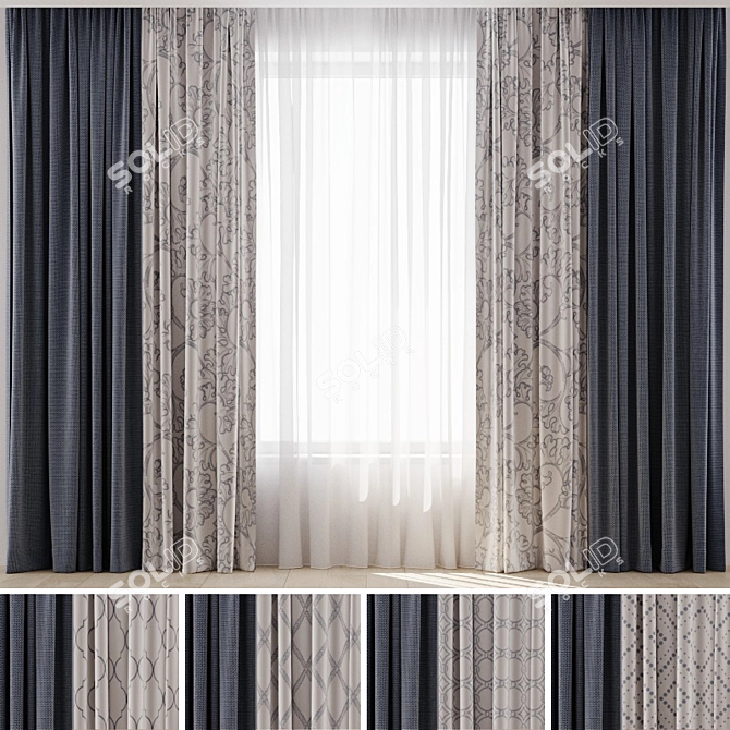 Elegant Curtain Set with 5 Design Options 3D model image 1