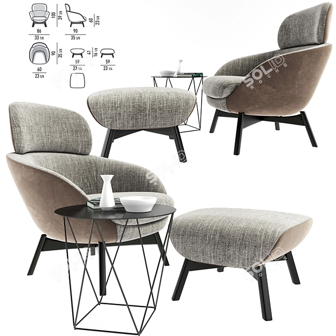 Luxury Minotti Russell Armchair & Coffee Table Set 3D model image 1
