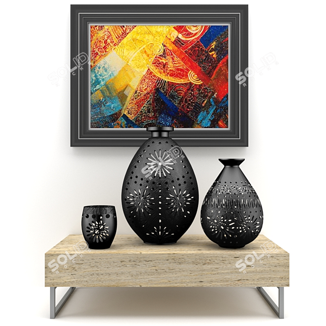 Title: Mexican Vase Set with Painting & Table 3D model image 1