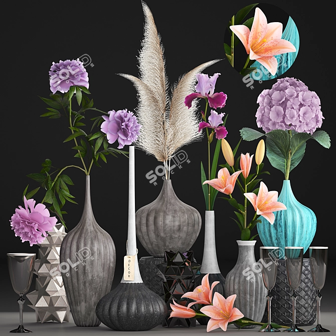 Mixed Floral Bouquet: Hydrangea, Paeonia, Iris & Lilium 3D model image 1