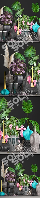 Mixed Floral Bouquet: Reeds, Carnations & Monstera 3D model image 2
