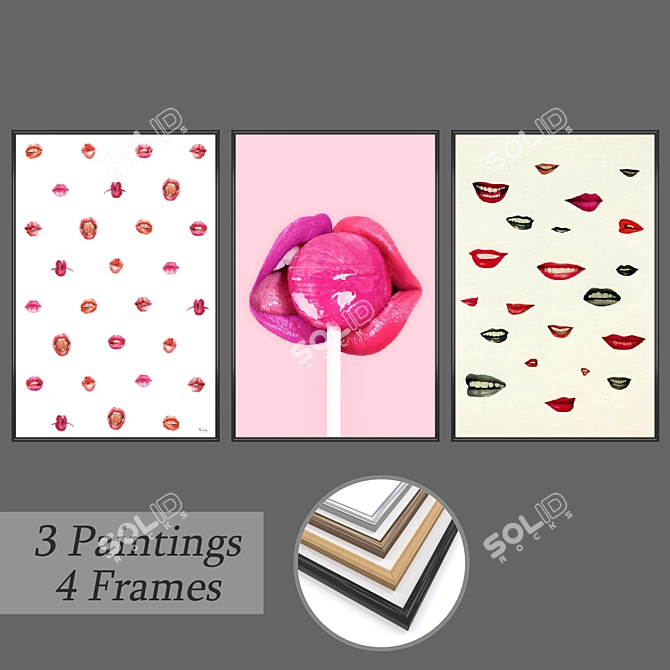 Artwork Set: No. 575 - 3 Paintings with 4 Frame Options 3D model image 1