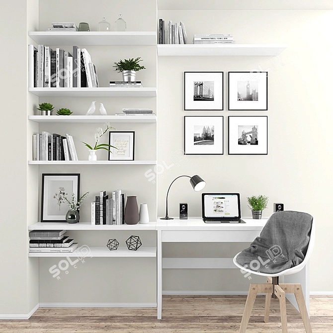 Stylish Decor Set: Table, Chair, Shelves, Laptop & Plants 3D model image 1