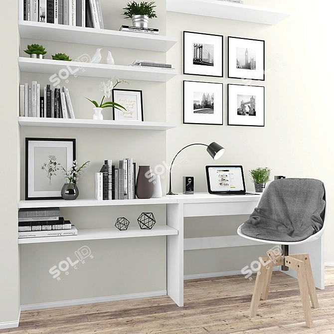 Stylish Decor Set: Table, Chair, Shelves, Laptop & Plants 3D model image 2