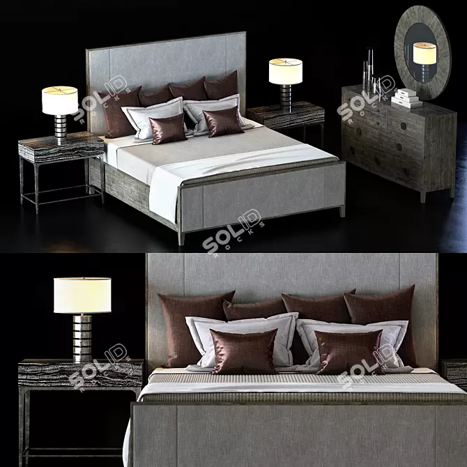 Bernhardt Linea Bedroom Set: Upholstered Bed, Nightstand, Dresser, Mirror 3D model image 1