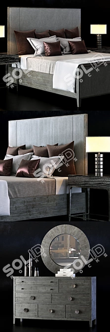 Bernhardt Linea Bedroom Set: Upholstered Bed, Nightstand, Dresser, Mirror 3D model image 2