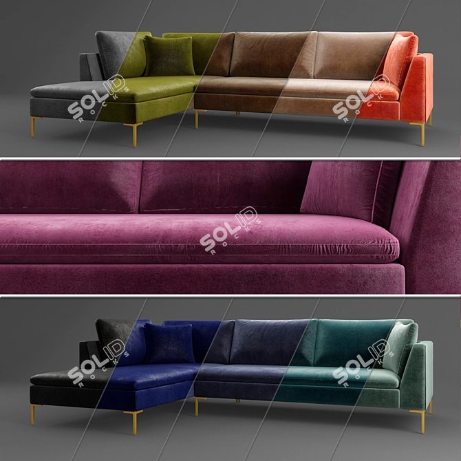 Modern Velvet Sofa with Metal Legs 3D model image 3
