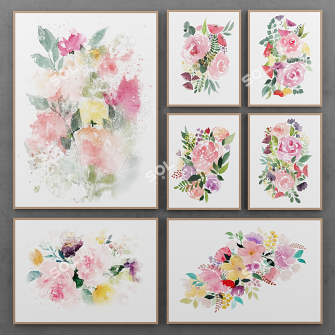 Watercolor Flower Paintings Set: Classic Floral Art 3D model image 1