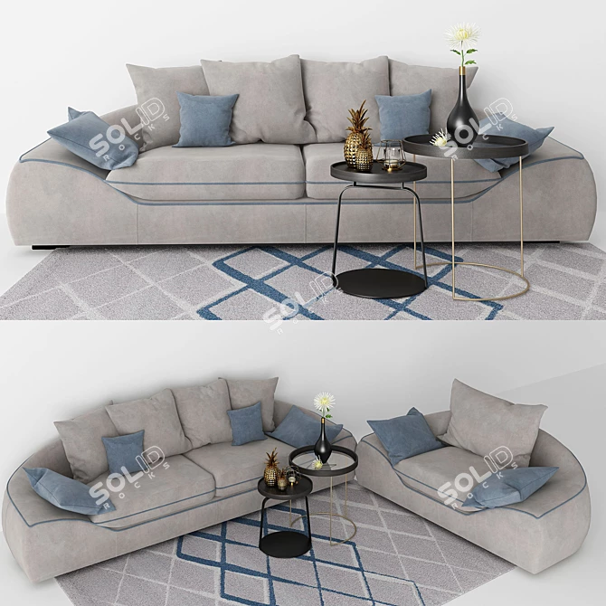 Beige Couch with Blue Trim 3D model image 1