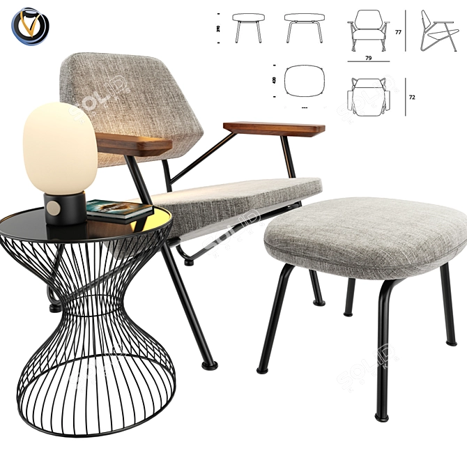 Modern Polygon Armchair With Pouf 3D model image 1