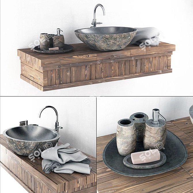 Stone Wood Washbasin Table 3D model image 1