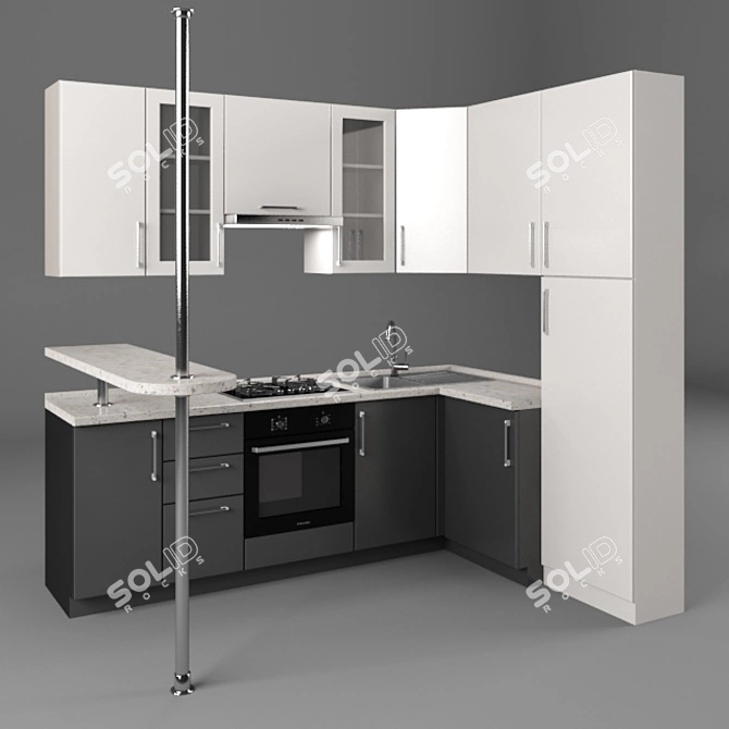 Modern Kitchen Set with Bar Counter 3D model image 1