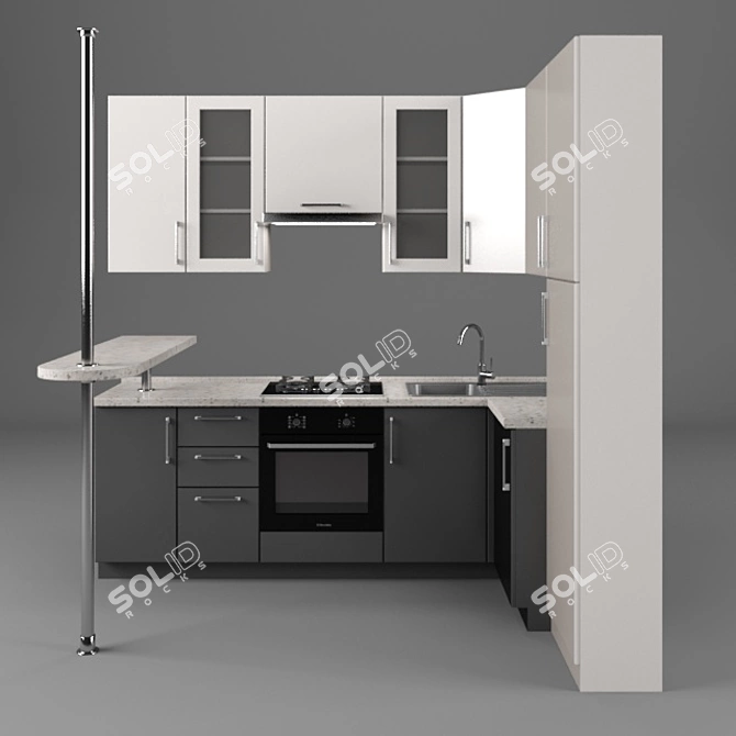 Modern Kitchen Set with Bar Counter 3D model image 3