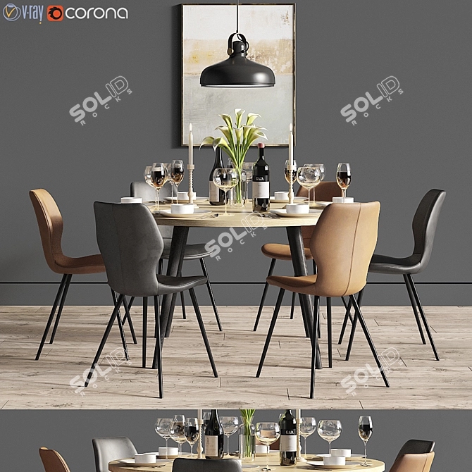 Elegant Dining Set with Stylish Chair & Pendant Light 3D model image 1