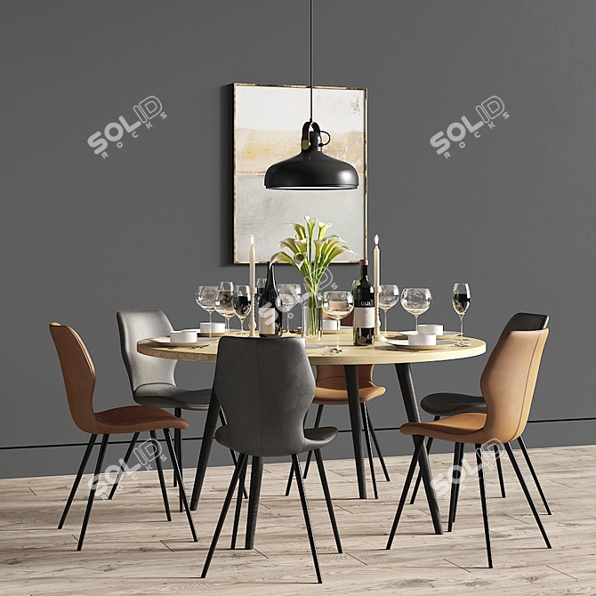 Elegant Dining Set with Stylish Chair & Pendant Light 3D model image 2