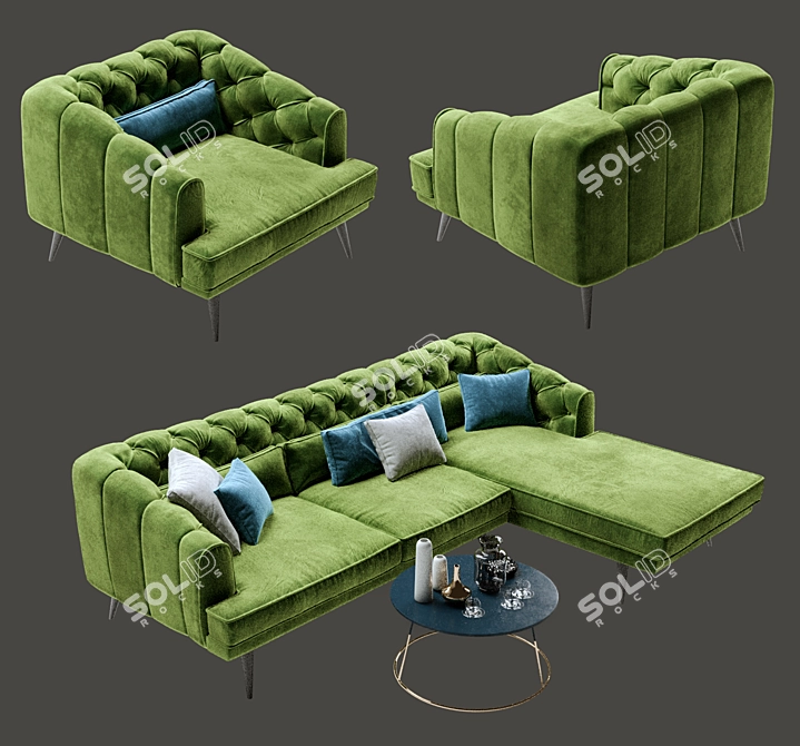 Grey Earl Corner Sofa Set with Armchair 3D model image 2