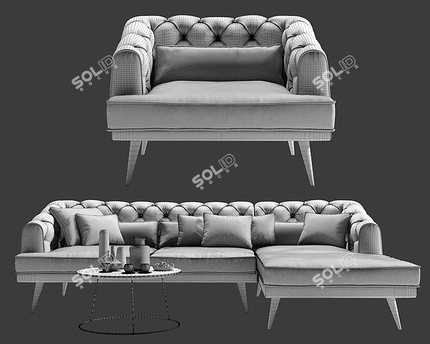 Grey Earl Corner Sofa Set with Armchair 3D model image 3