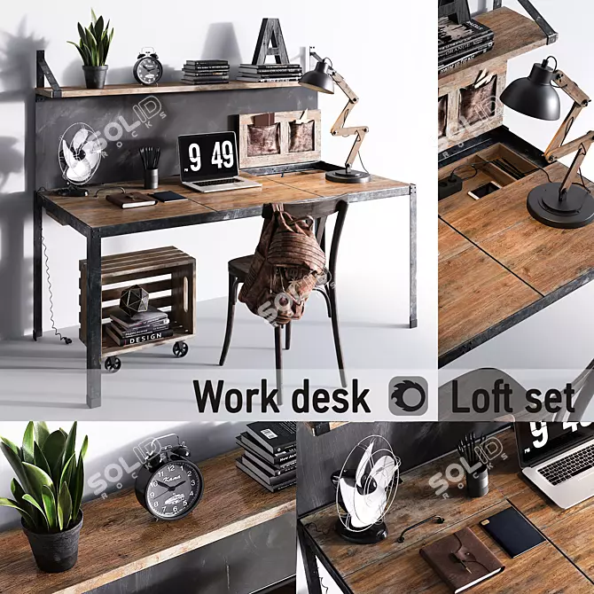 Loft Workspace Set | Desk, Chair, Lamp 3D model image 1