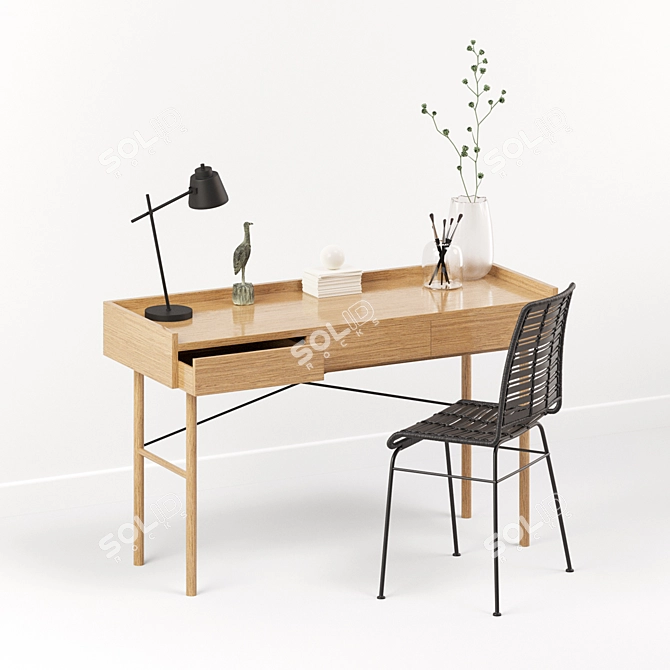 Rustic Oak Desk Set with Chair 3D model image 1