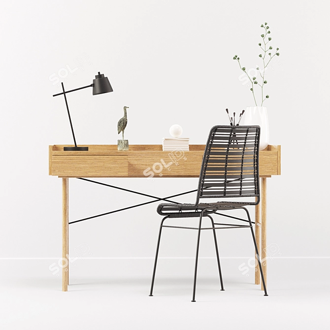 Rustic Oak Desk Set with Chair 3D model image 2