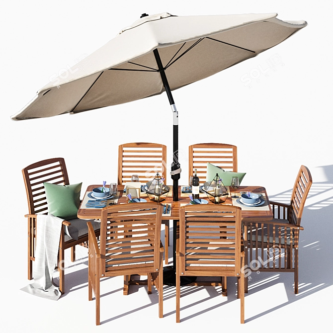 Rustic Elegant Brown Acacia Dining Set 3D model image 1