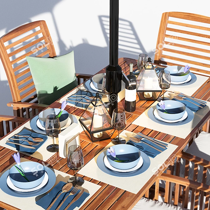 Rustic Elegant Brown Acacia Dining Set 3D model image 2
