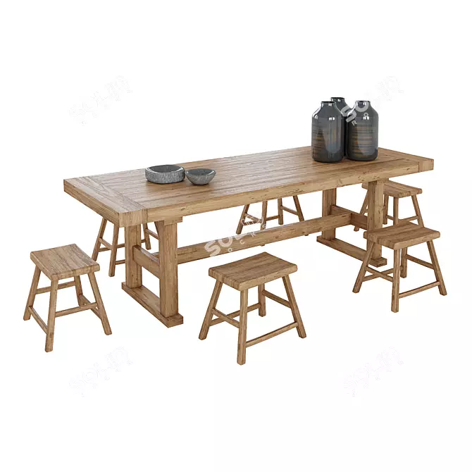 Natural Wood Table Set 3D model image 1