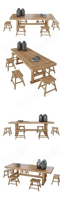 Natural Wood Table Set 3D model image 2