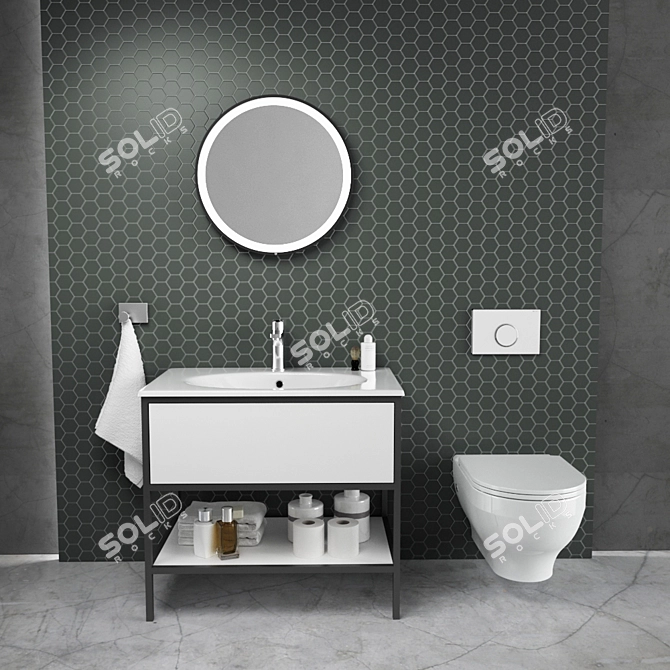 Sleek Bathroom Set: Modern, Illuminated Mirror, Detailed Drawer Interior 3D model image 1