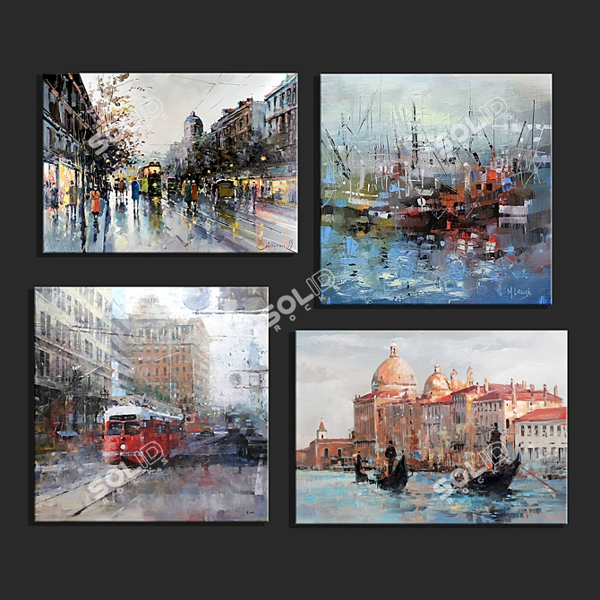 Abstract Art Set of 4 Paintings 3D model image 1