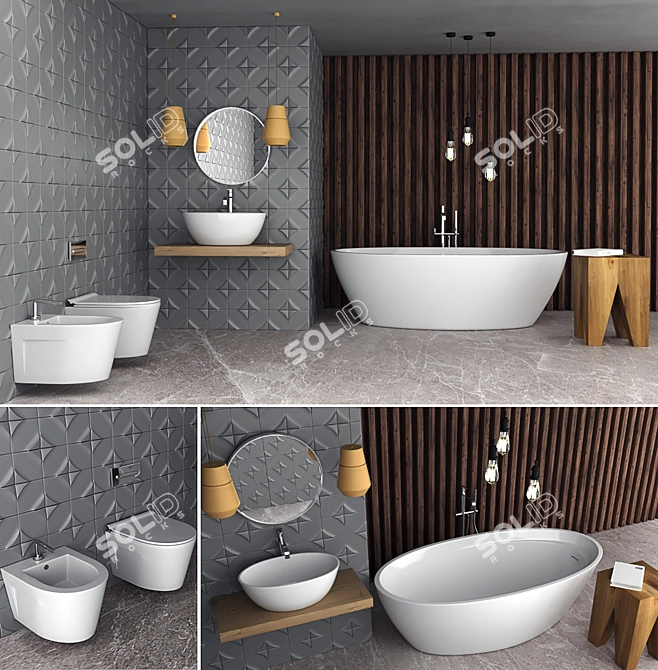 Wave Ceramic Bathroom Set & 3D Panel 3D model image 4