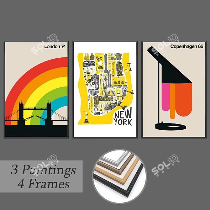 3-Piece Wall Paintings Set with Multiple Frame Options 3D model image 1