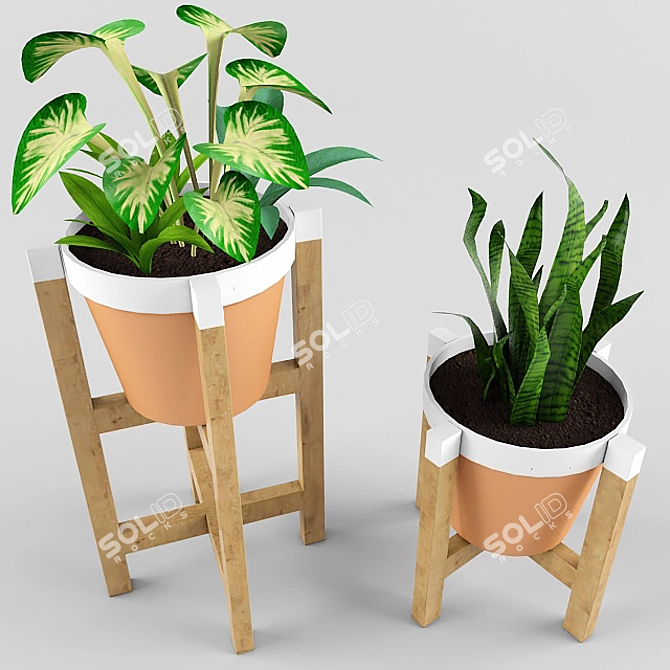 Title: Botanical Trio with Pot & Stand 3D model image 2
