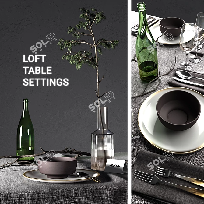 Loft-inspired Table Settings with Pine Branch 3D model image 1