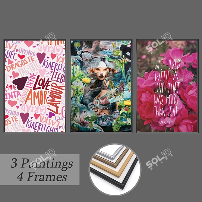 Gallery Set: 3 Paintings, 4 Frame Options 3D model image 1