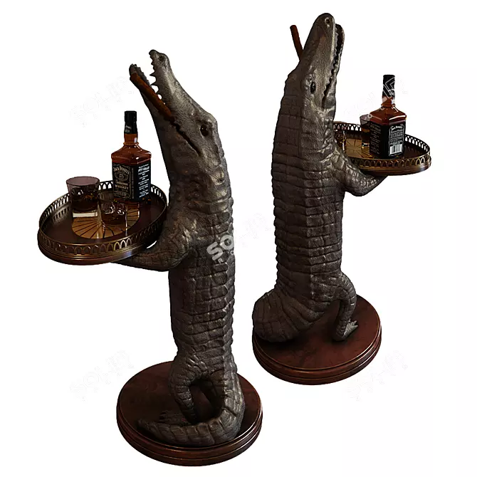 Vintage Alligator Sculpture with Marquetry Tray 3D model image 1