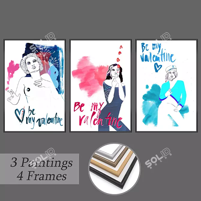 Modern Wall Art Set 692: 3 Paintings, 4 Frame Options 3D model image 1