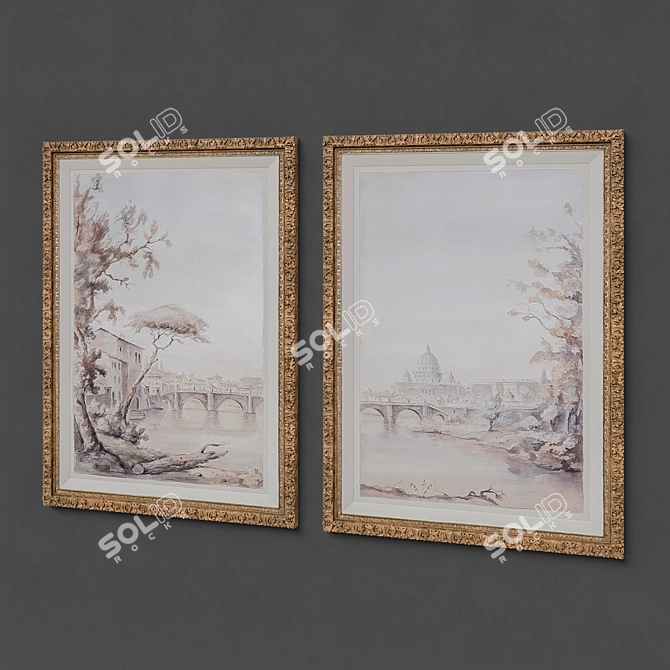 Golden Framed Watercolor Paintings Set 3D model image 2