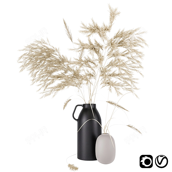 Elegant Vases Set with Pampas Grass 3D model image 1