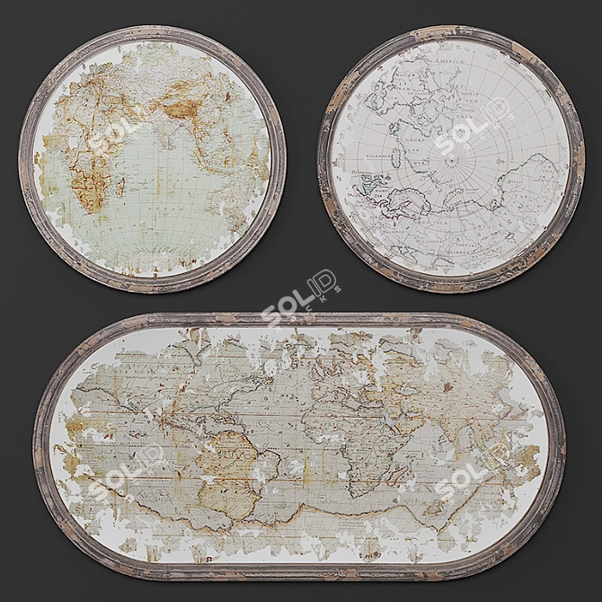 Mirrored Map Wall Decor - Set of 3 3D model image 1