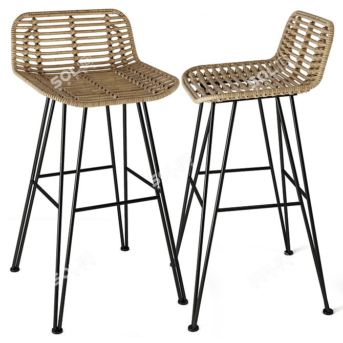 Rustic Rattan Iron Bar Stool 3D model image 1