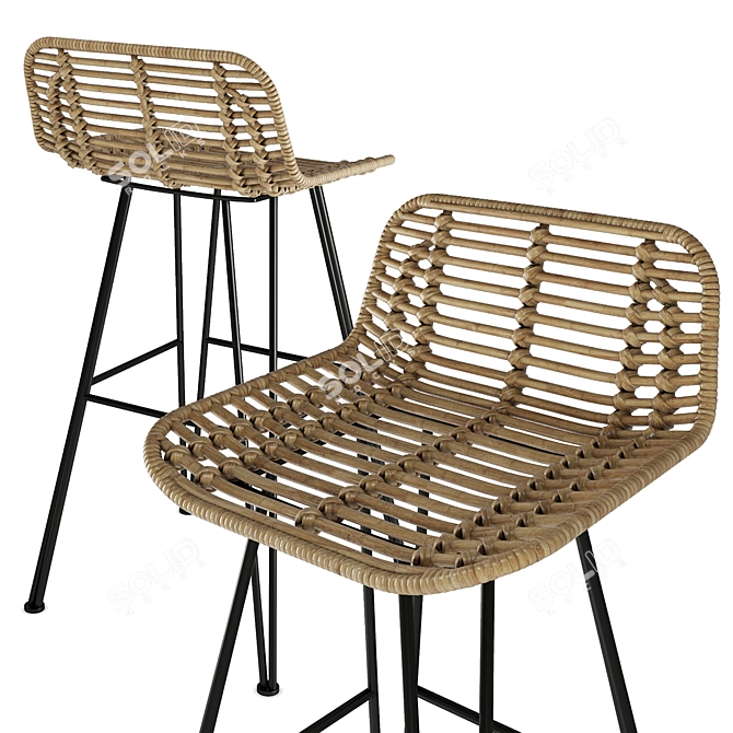 Rustic Rattan Iron Bar Stool 3D model image 2