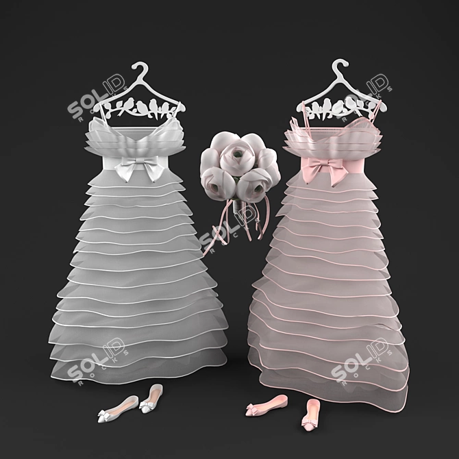 Elegant White and Pink Wedding Ensemble 3D model image 1