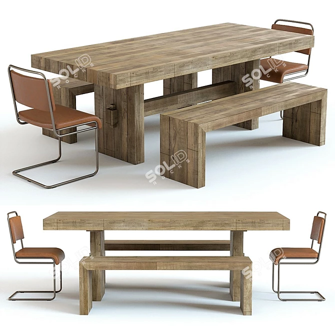 Rustic Dining Set: West Elm Emmerson Table & Industrial Chairs 3D model image 1