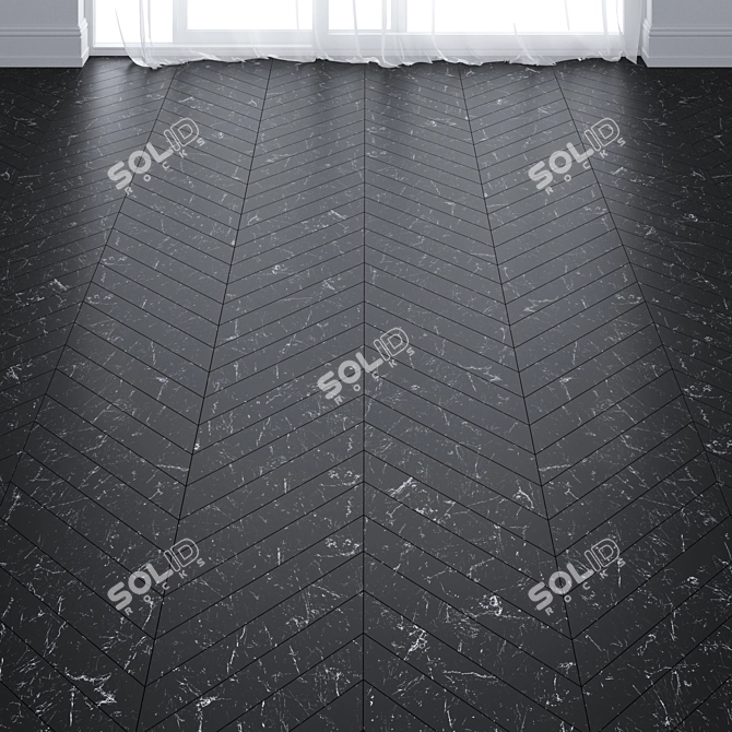 Elegant Black Marble Floor Tiles in Chevron and Herringbone Layout 3D model image 2